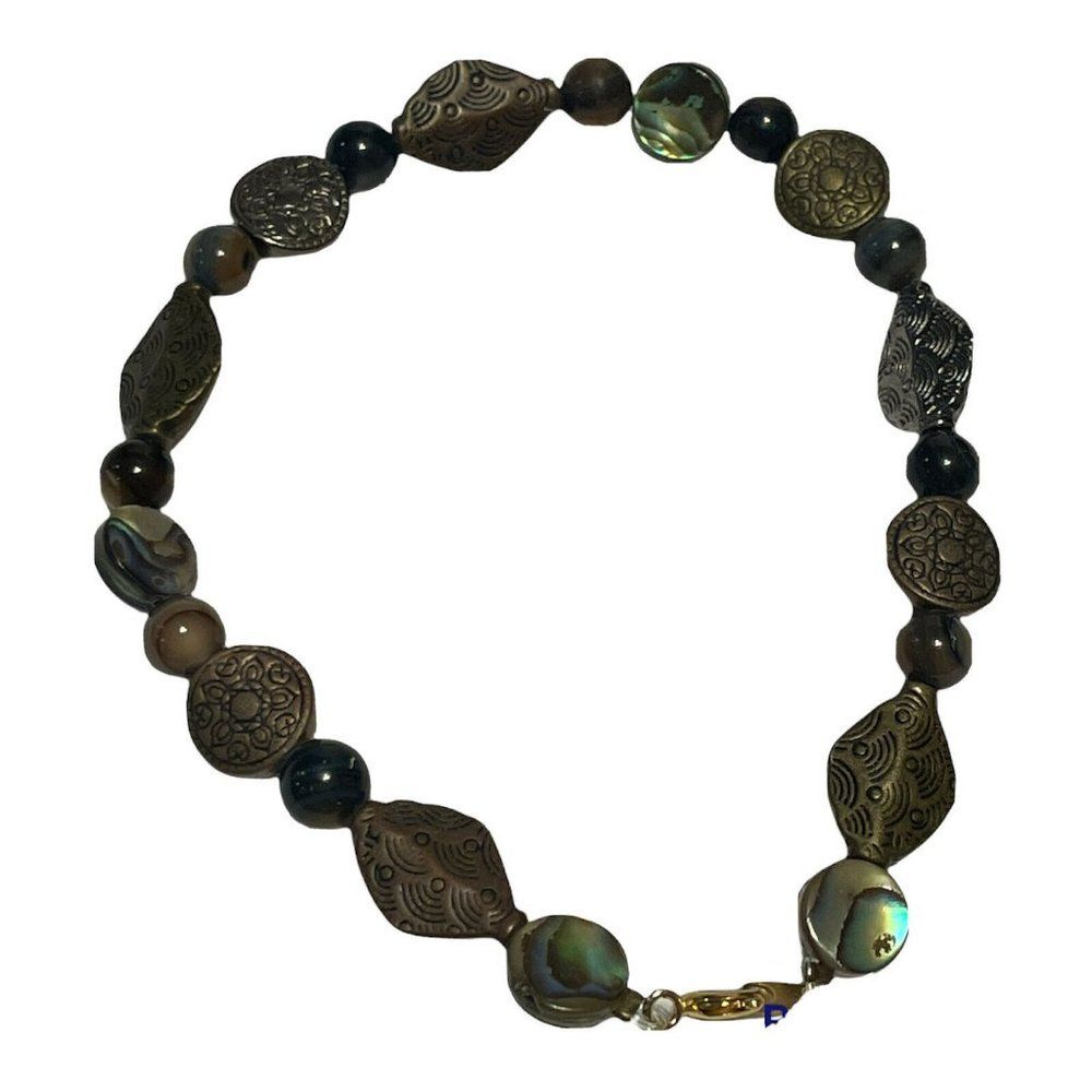 8.5 “ mother of pearl agate bronze tone beaded boho bracelet sring clasp